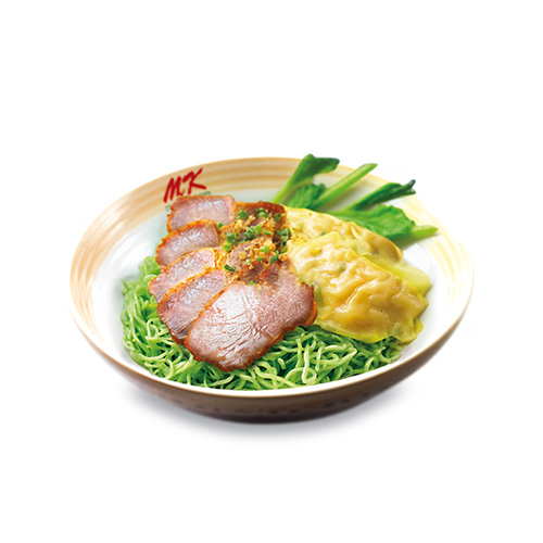 Green Noodles with Shrimp Wontons and BBQ Pork