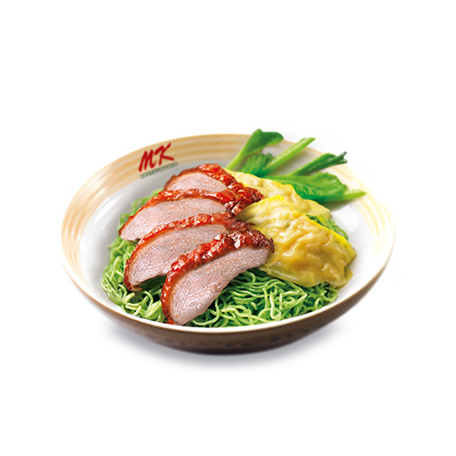 Green Noodles with Shrimp Wontons and BBQ Pork